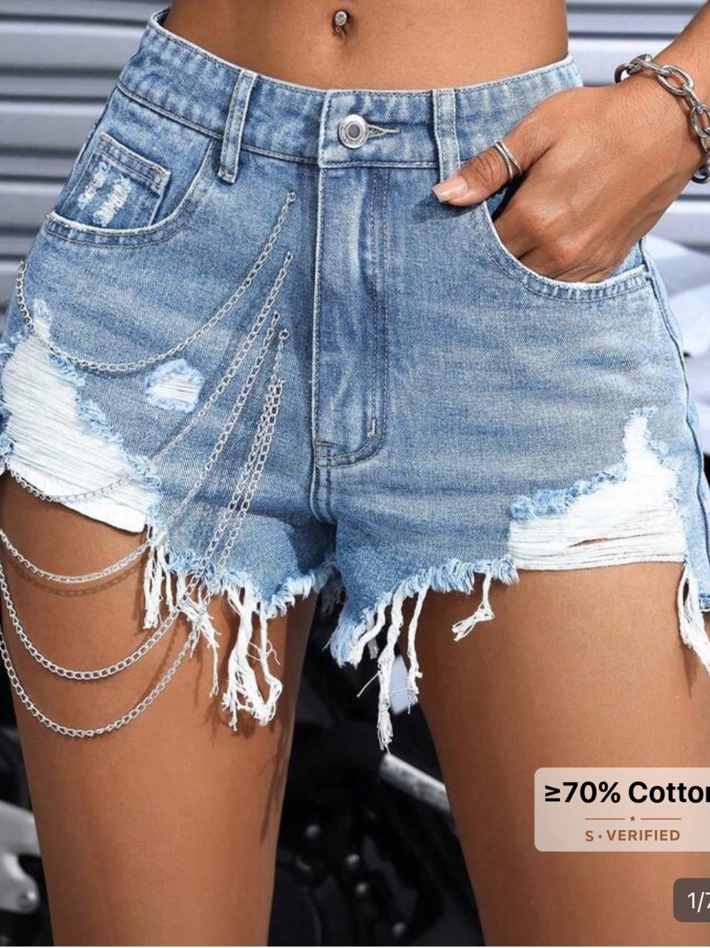 SHEIN Light Blue Distressed Denim Shorts with Chain Detail